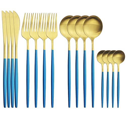 Juego De Cubiertos De 16 Piezas, Cuchillo, Tenedor, Cucharas De Café, Juego De Vajilla, Vajilla De Acero Inoxidable,Oro Azul