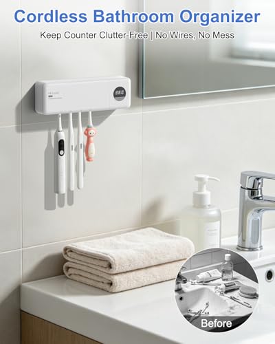 Image of UV Toothbrush Holder, Electric Toothbrush Holder Wall Mounted for 4 Slots, Smart Toothbrush Holder with Timer and Cover, Cordless Organizer for Bathroom, Toothbrush & Razor -White