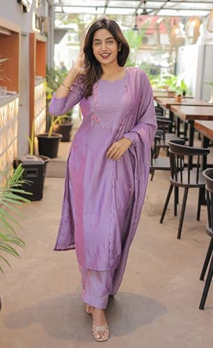 Image of Women Cotton Kurta Pant Set with Chanderi Cotton Dupatta | 3-Piece Straight Fit 3 /4 Sleeves Kurta with V-Neck | Ethnic, Festive & Casual Wear for Women| 3 Piece Set