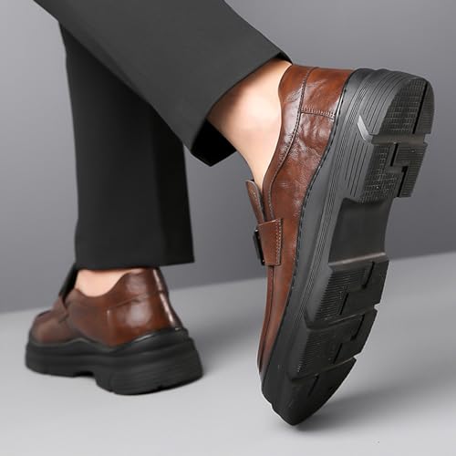Image of Men's Leather Round Toe Platform Slip-On Oxford Shoes,Fashion Metal Decoration Business Loafers Casual Formal Work Driving Shoes