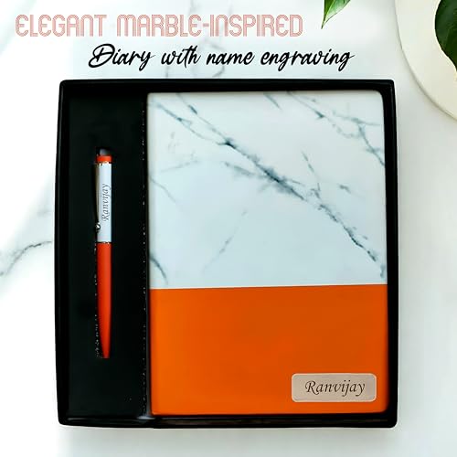 Image of SAVRI Personalized Marble Finish Diary- Engraved Name Notebook with Employee Name & Company Logo -Non-Dated Office & Corporate Gift, Joining Kit, Birthday Gift, Ideal for Writers & Personal Use