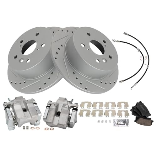 Image of TRQ Performance Rear Brake Pad and Rotor Set Ceramic Slotted Drilled Calipers Compatible with 2007-2012 Lexus ES350 To 9 /30 /11 Production Date 2008-2012 Toyota Avalon 2007-2011 Camry