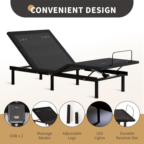 Image of EGOHOME Twin XL Adjustable Bed Frame with Massage,Zero Gravity | Wireless Remote,Independent Head and Foot Incline, 12 inch Adjustable Legs, LED Night Lights, 2 USB Ports,Zero Clerance