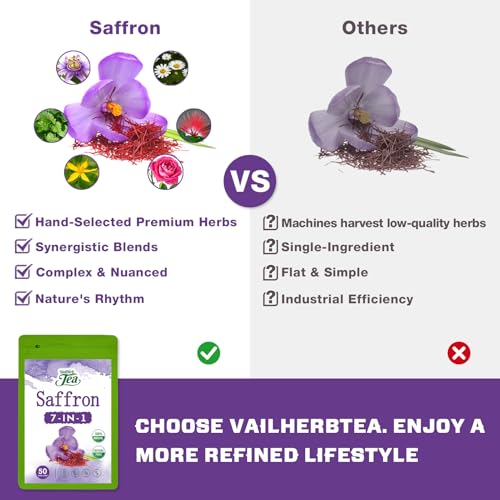 VailHerbTea Saffron Extract Tea Bags for Mood Support, 7-in-1 Herbal Tea with Lemon Balm, Passion Flower & St. John's Wort Support Focus and Energy. Caffeine-Free Tea - 50 Count