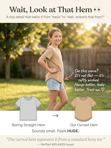 Image of WELAKEN Girls Soft T-Shirt with Curved Hem, Breathable Stretchy Rayon Crewneck Short Sleeve Tees, Kids Everyday Basic Top