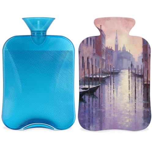 Hot Water Bottle with Soft Cover,2L Oil Painting City Hot Water Bag for Hot and Cold Compress, Hand Feet Warmer, Watercolor City Rubber Hot or Cold Water Bottle Halloween Christmas Decorations