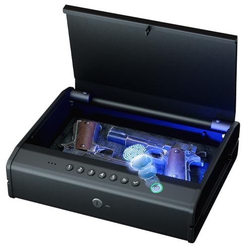 PINEWORLD Gun Safe, Biometric Gun Safes For Handgun, Pistol Safe With Fingerprint or Keypad, Quick Access Unlock Gun Case for Firearm, Gun Lock Box For Nightstand Beside