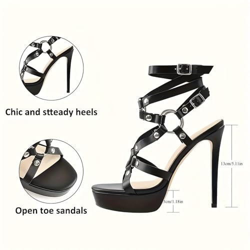 Women's Black Punk Sexy High Heels Open Toe Buckle Platform Ankle Strap Stiletto Heel3