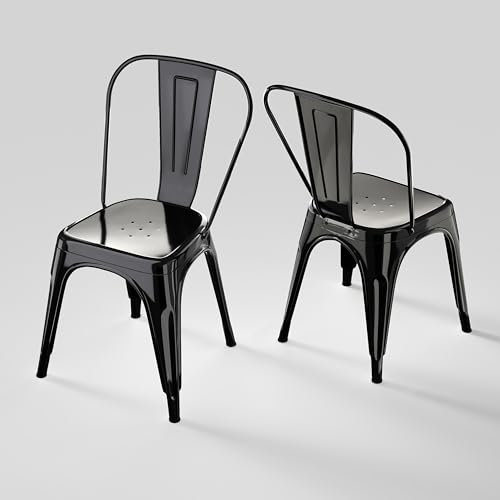 Image of Metal Dining Chairs with Backrest, Stackable, Black, 2 Pack | Easy Assembly, Non-Slip Feet, 330 lb Capacity, Kitchen, Restaurant, Cafe, Pub, Covered Patio
