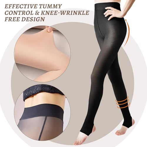 Image of Eurzom 3 Pairs Fleece Lined Stirrup Tights Women Fake Translucent Thermal Elastic Skin Colored Tights Warm Pantyhose