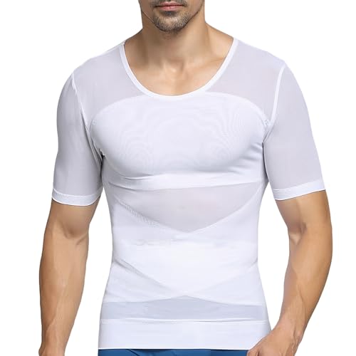 PEONNYT Men Firm Control Body Shaping T-Shirt Slimming Shirt Body Shaper Gynecomastia Compression Shirts Base Layer Undershirts (White 3XL)