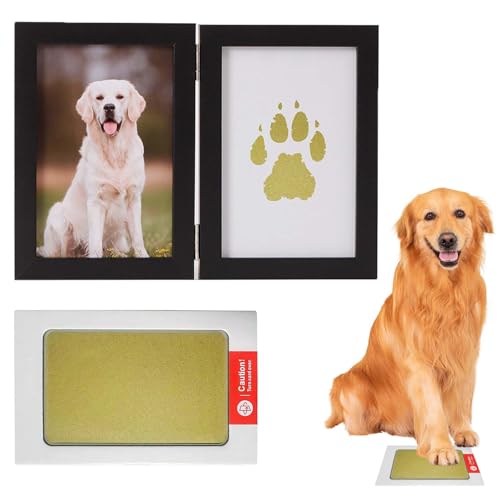 Kit Huella Perro Multifuncción 2 en 1 con Marco de Fotos, Tinta Dorada y Cartulinas Negras, Incluye Marco de Madera de 6 Pulgadas, Ideal para Recuerdo de Mascotas y Decoración