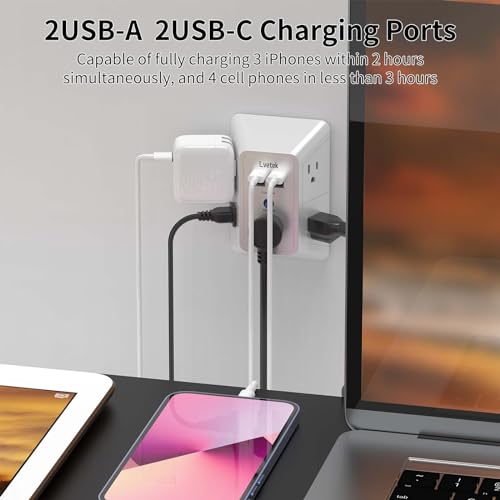 Outlet Extender, Surge Protector Outlet with 5-Multi Plug Outlet and 4 USB Ports(2 USB C), 3-Sided 1680J Power Strip Wall Charger, Multiple-Plug Outlet Splitter for Home Travel Office,ETL Listed,White