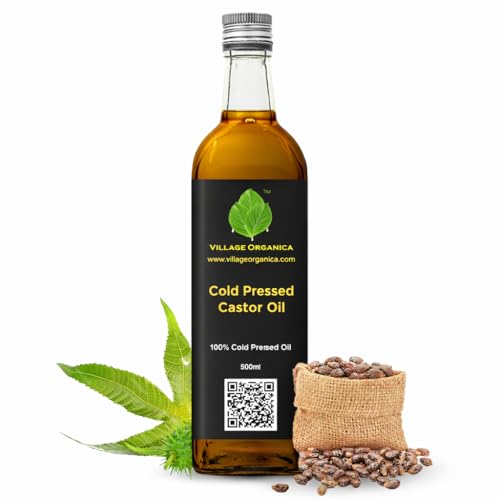 Village-Organica Cold-Pressed Castor Oil 500 ml Dark Glass Bottle | 100% Pure, Organic & Hexane-Free | Hair Growth & Scalp Nourishment • Eyelash & Eyebrow Enhancer • Skin, Beard & Nail Ritual Elixir