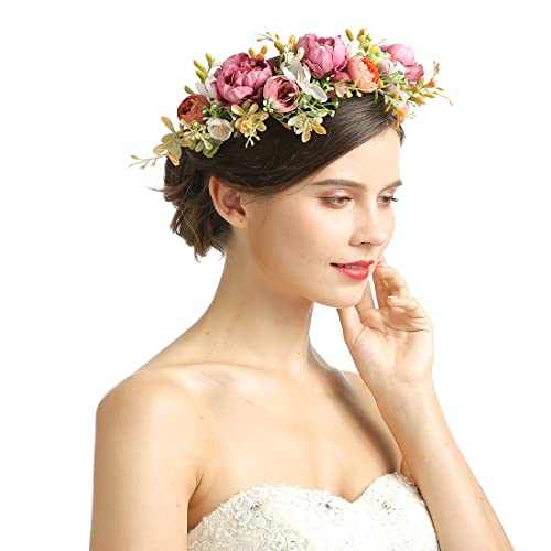 Ever Fairy Women Flower Wreath Crown Floral Wedding Garland Headband (Pink & Orange)