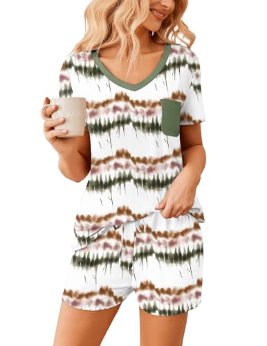 Image of Ekouaer Womens Pajama Sets Short Sleeve Pajamas for Women Sets Soft Lounge Sets Casual V Neck Sleepwear PJS