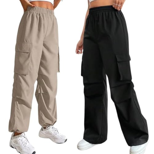 GRECIILOOKS High Waist Cotton Trousers for Women – Flared Parachu...