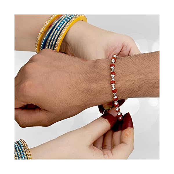 Njels™ 925 Hallmarked Handmade Dual Wire Silver Rudraksha Rakhi for Brother Silver Bracelet for Men with Extension Chain | Rakhi for Brother (6.5 MM Natural Beads) (Brown Colour) - Image 3