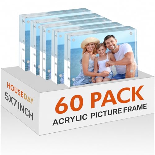 Image of HOUSE DAY Acrylic Picture Frames 5x7, 60 Pack Magnetic 5x7 Picture Frame, Double Sided Clear 5 x 7 Photo Frame with Microfiber Cloth, Frameless FreeStanding 5x 7 Frame Gift for Desktop Display