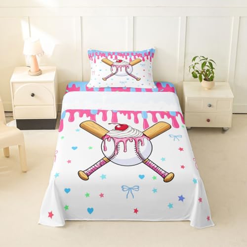 Image of Castle Fairy Baseball Cream Bed Sheets Twin Size,Ball Gaming Sweet Bowknot Easy Wash Bedding Set,Cute Sport Style Kids Room Decor,Pink Bule White Sheet(Fitted+Flat+1 Pillowcase)