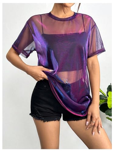 Image of Verdusa Women's See Through Mesh Short Sleeve Round Neck Mini Dress Purple Small