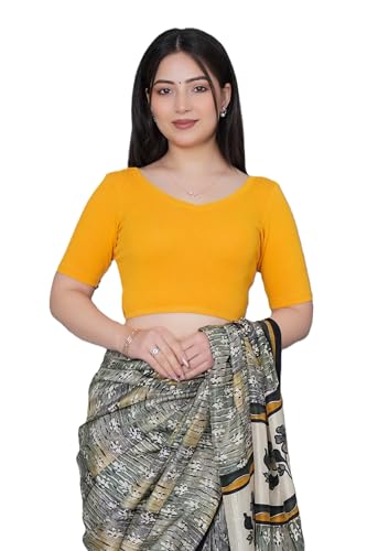 Image of Mlada V-Neck Stretchable Saree Blouse Top for Women | Slim Fit Short Sleeves Solid Cotton Blouses | Readymade Saree Blouses for Women Festive & Ethnic | Blouse Crop Top