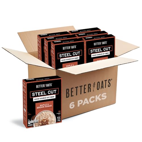 Image of Better Oats Steel Cut Instant Oatmeal Packets, Maple and Brown Sugar Flavor with Flax Seeds, Quick-Cooking Breakfast, Box of 10 Pouches (Pack of 6)