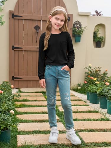 Haloumoning Girls Long Sleeve Shirts Kids Crewneck Soft Tunic Tops Basic Casual T-Shirts 5-14 Years with Pocket 6