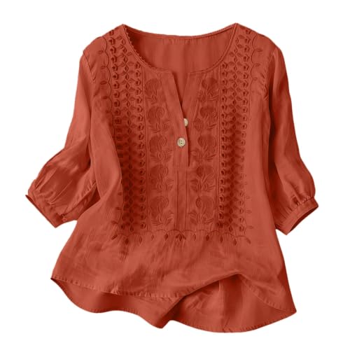 Camisas Mujer 2026 Manga 3/4 Algodón y Lino Primavera Casual T-Shirt Bordado Cuello en V Camiseta de Mujer Casual Elegante Suelto Fiesta Tops T-Shirt Oficina Negocios Camisas Lino S-5XL