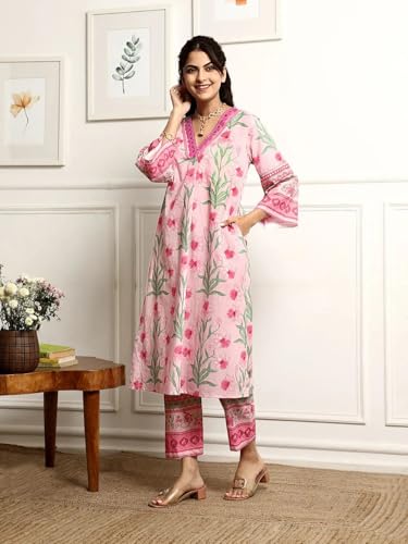 Image of Amazon Brand - Anarva Pure Cotton Kurta Set for Women | Kurti Set | V Neck 3 /4 Sleeve Ethnic Outfit | Cotton Kurta Set for Women | Designer Indian Kurti | Daily Office and Festive Traditional
