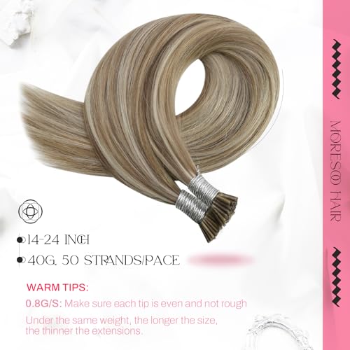 Image of Moresoo I Tip Human Hair Extensions, Light Brown Platinum Blonde, 16 Inch | 40g 50 strands, flexible individual placement, human hair i tip extensions for everyday styling and date night looks
