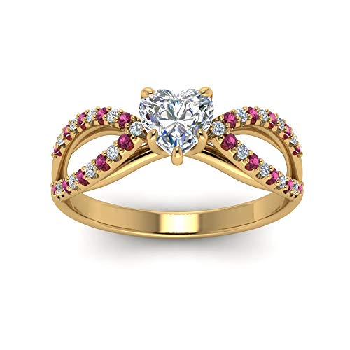 Image of 55Carat Choose Your Gemstone Reverse Pave Split Shank Diamond CZ Ring Yellow Gold Plated Heart Shape Split Shank Engagement Ring Minimal Modern Design Birthday Gift Wedding Gift US Size 4 to 12