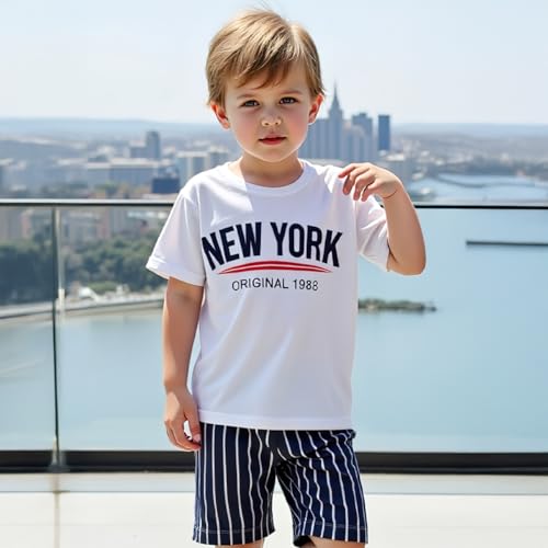 Image of Boys Summer Clothes Outfit Short Sleeve T-shirt Letters Printed Tops and Drawstring Waist Shorts Set Size 3-9