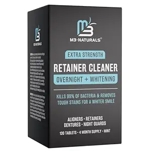 Overnight + Whitening Retainer Cleaner, Remove Stains, Discoloration, and Plaque | 4 Month Supply | Denture Cleanser with Whitening Boost,120 Tablets by M3 Naturals