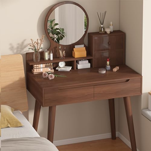 Tocador de maquillaje con cajón y espejo plegable, tocador compacto para espacios pequeños, elegante y funcional para dormitorio o vestidor