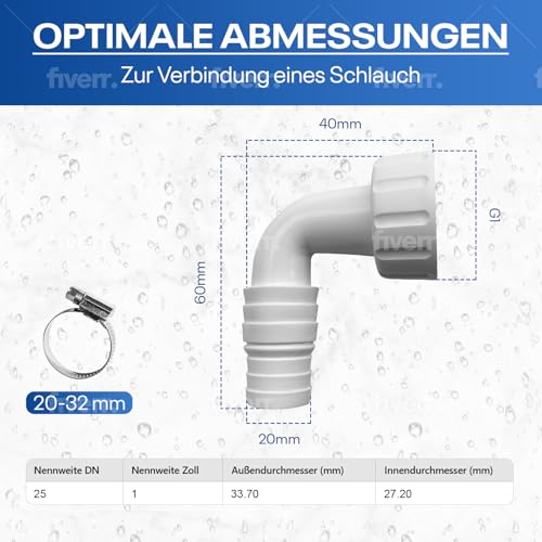 Geräteanschlusstülle 1 Zoll für wandeinbau Siphons - 90 Winkelanschluss für Ablaufschläuche von Waschmaschinen, Geschirrspülern