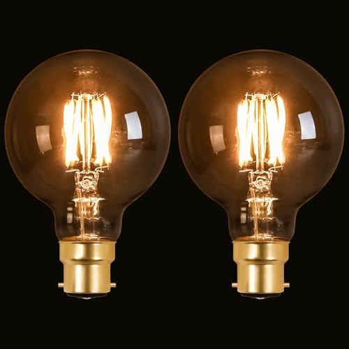 Terafeels 2 Pack B22 Vintage LED Light Bulbs G80 4W 2700K Warm White Antique Style Retro Amber Glass Bayonet Light Bulb for Lamp Non Dimmable