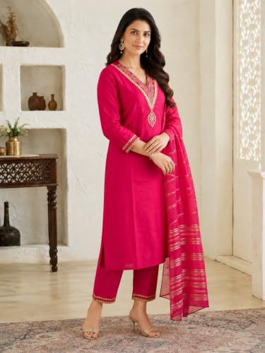Image of NAZARIA Women's Pink Silk Blend Embroidered Straight Kurta Pant with Dupatta Set | V Neck Ethnic Kurta Set | 3 /4 Sleeves | Festive, Wedding, | Traditional Indian Ethnic Suit Set