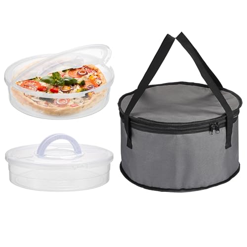 SUMTree Lot de 2 boîtes de transport à pizza avec sac isotherme rond gris - Avec couvercle et poignée de transport - Pour dessert, tartes, pain - Diamètre...