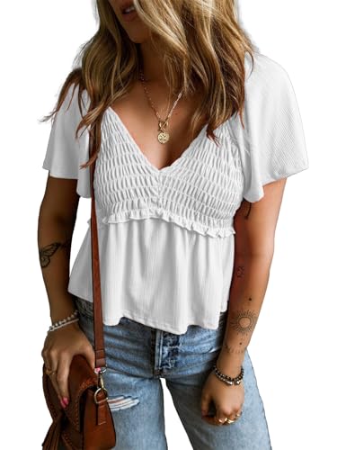 Women Short Flutter Sleeve V Neck Pleated T Shirts Casual Solid Slim Fit Blouse Tops3