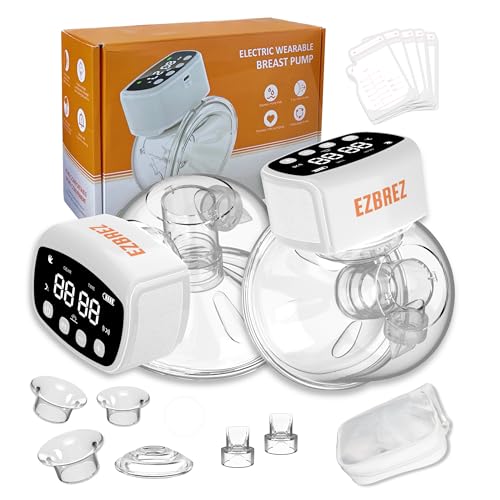Image of EZBREZ Wearable Hands Free Breast Pump - Portable Electric Breast Pump with Long-Lasting Battery - Includes 20 Breast Milk Bags, Flange Sizing Kit, Carrying Pouch, & Extra Parts - 2 x Breast Pumps