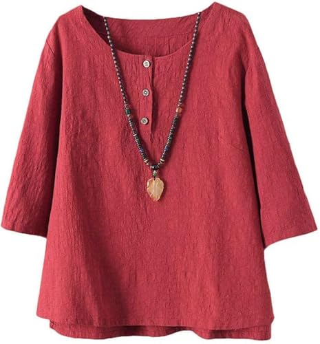 Minibee Women's 3/4 Sleeve Cotton Linen Jacquard Blouses Top T-Shirt (2XL, Red)