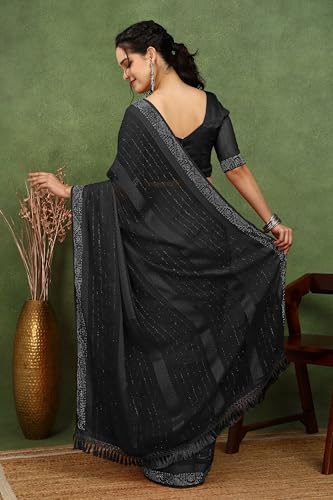 Image of MIRCHI FASHION Saree for Woman Georgette Solid with Satin Stripes | Stone Border Farewell and Ceremonial Sari with Blouse Piece