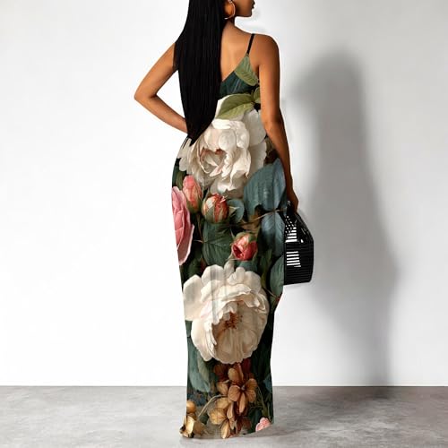 Image of Women's Summer Maxi Dress Spaghetti Strap Floral Boho Beach Long Sundress with Pockets