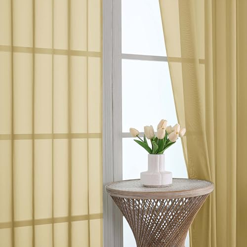 Image of OWENIE Extra Long Gold Sheer Curtains 96 Inches Long 2 Panels Set, Soft Lightweight Airy Voile Sheer Curtain for Bedroom Living Room, Rod Pocket Solid Color Farmhouse Curtains, 59 inch Wx96 L Inch