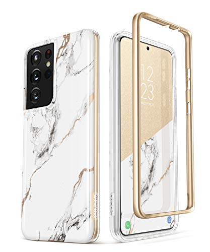 GVIEWIN Compatible with Samsung Galaxy S21 Ultra Case 5G 6.8 Inch, Dual-Layer Drop Protection Shockproof Marble Phone Cover Case Without Built-in Screen Protector (White/Gold)