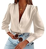 Women's Business Casual Tops Summer Long Sleeve Button Down Shirts V Neck Chiffon Blouses A-Beige