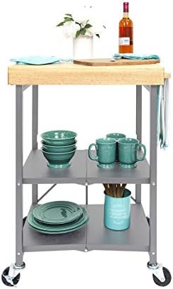 Origami Folding Kitchen Cart on Wheels | for Chefs Outdoor Coffee Wine and Food, Microwave Cart, Kitchen Island on Wheels, Rolling Cart, Kitchen Appliance & Utility Cart | Silver with Wood - RBT-02