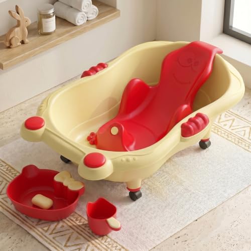 Image of StarAndDaisy Bath Tub for Baby 0-5 Years / Bath tub for Kids with 0-3 Years Girls & Boys with bathseat, Wheels , mug and soap tray, Space Saving Design, Newborn Baby Bathing Tub, Easy to Store (Cream-Red)