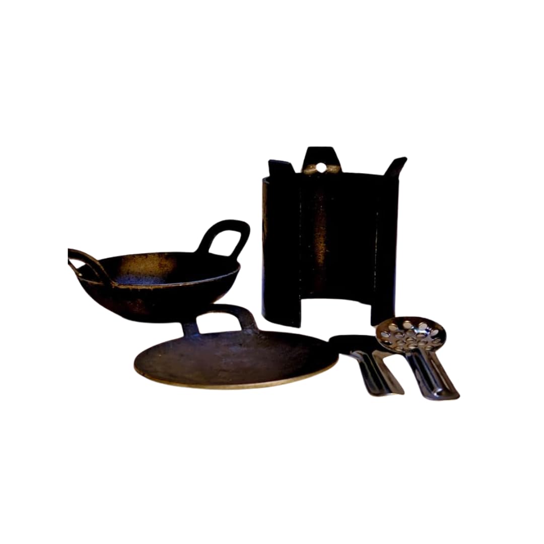 Real Cooking Miniature Cast Iron Kitchen Set for Real Cooking - 5-Piece Traditional Combo Including Mini Stove, Kadai, and Paniyaram/Ponganalu Pan